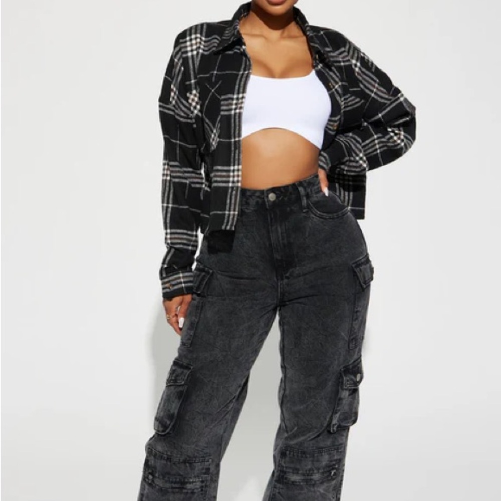 Fashion Nova Black Plaid Utility Shirt